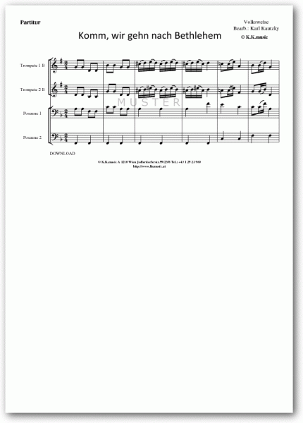 VOLKSWEISE - Komm, wir gehen nach Bethlehem - Weihnachten (Blechbläserquartett)
