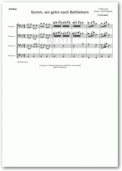 VOLKSWEISE - Komm, wir gehen nach Bethlehem - Weihnachten (Posaunenquartett)