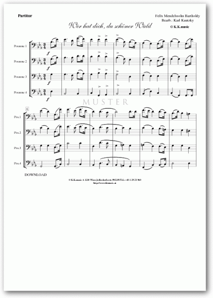 MENDELSSOHN BARTHOLDY, Felix - Wer hat dich, du schöner Wald (Posaunenquartett)