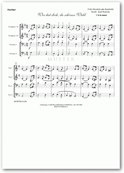 MENDELSSOHN BARTHOLDY, Felix - Wer hat dich, du schöner Wald (Blechbläserquartett)