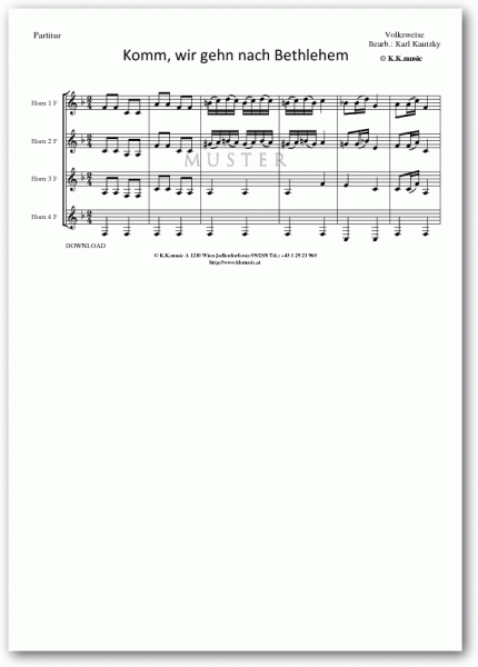 VOLKSWEISE - Komm, wir gehen nach Bethlehem - Weihnachten (Hornquartett)