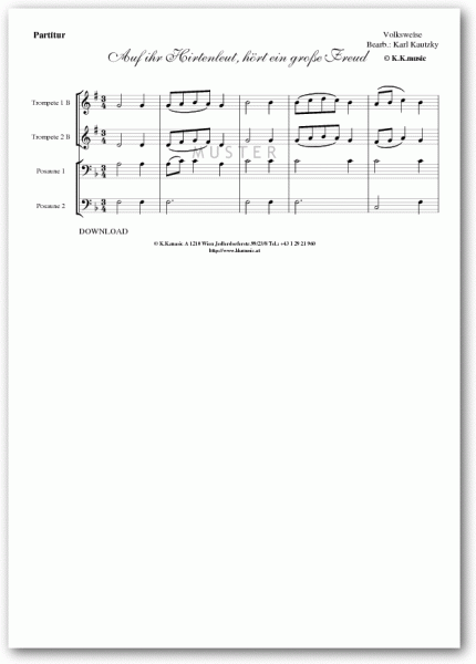 VOLKSWEISE - Auf ihr Hirtenleut hört ein große Freud - Weihnachten (Blechbläserquartett)