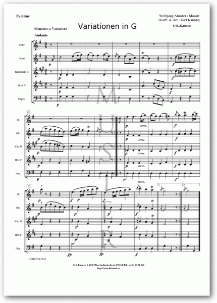 MOZART, Wolfgang Amadeus - Variationen in G (Holzbläser Quintett)