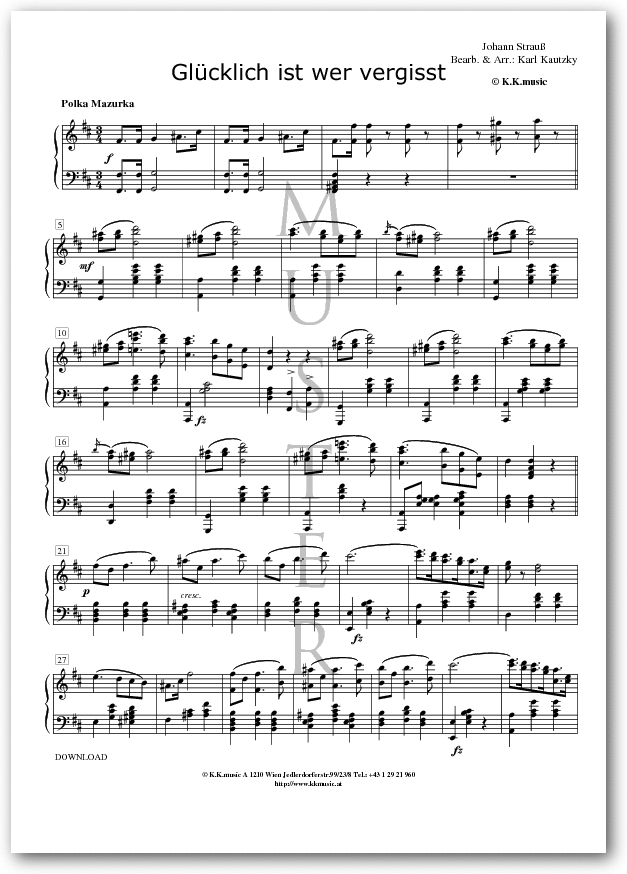STRAUSS, Johann Glücklich ist wer vergisst (Klavier) Klavier