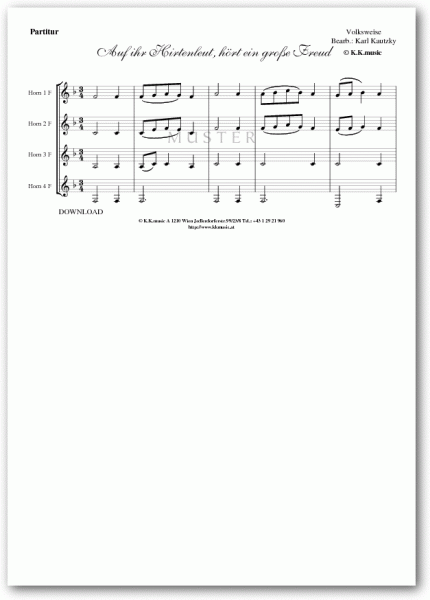 VOLKSWEISE - Auf ihr Hirtenleut hört ein große Freud - Weihnachten (Hornquartett)