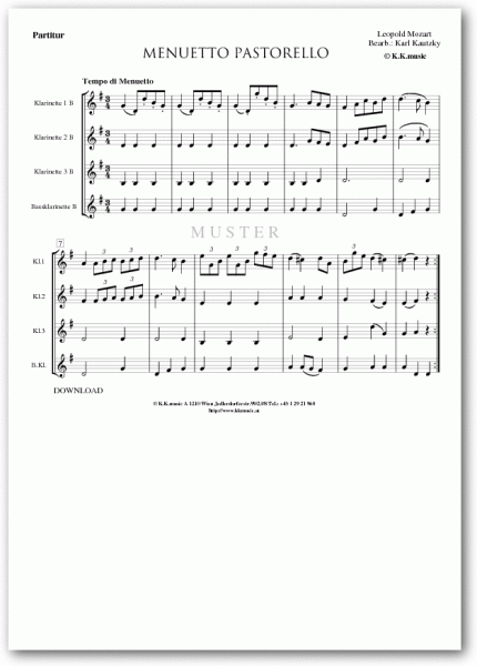 MOZART, Leopold - Menuetto Pastorello (Klarinettenquartett)