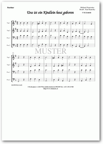 PRAETORIUS, Michael - Uns ist ein Kindlein heut geboren - Weihnachten (Blechbläserquartett)